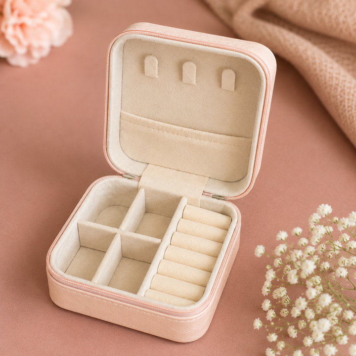 Rarejoy Gifts premium pink travel jewelry organizer with compartments for rings, earrings, necklaces, and bracelets, ideal for bridesmaids and women.