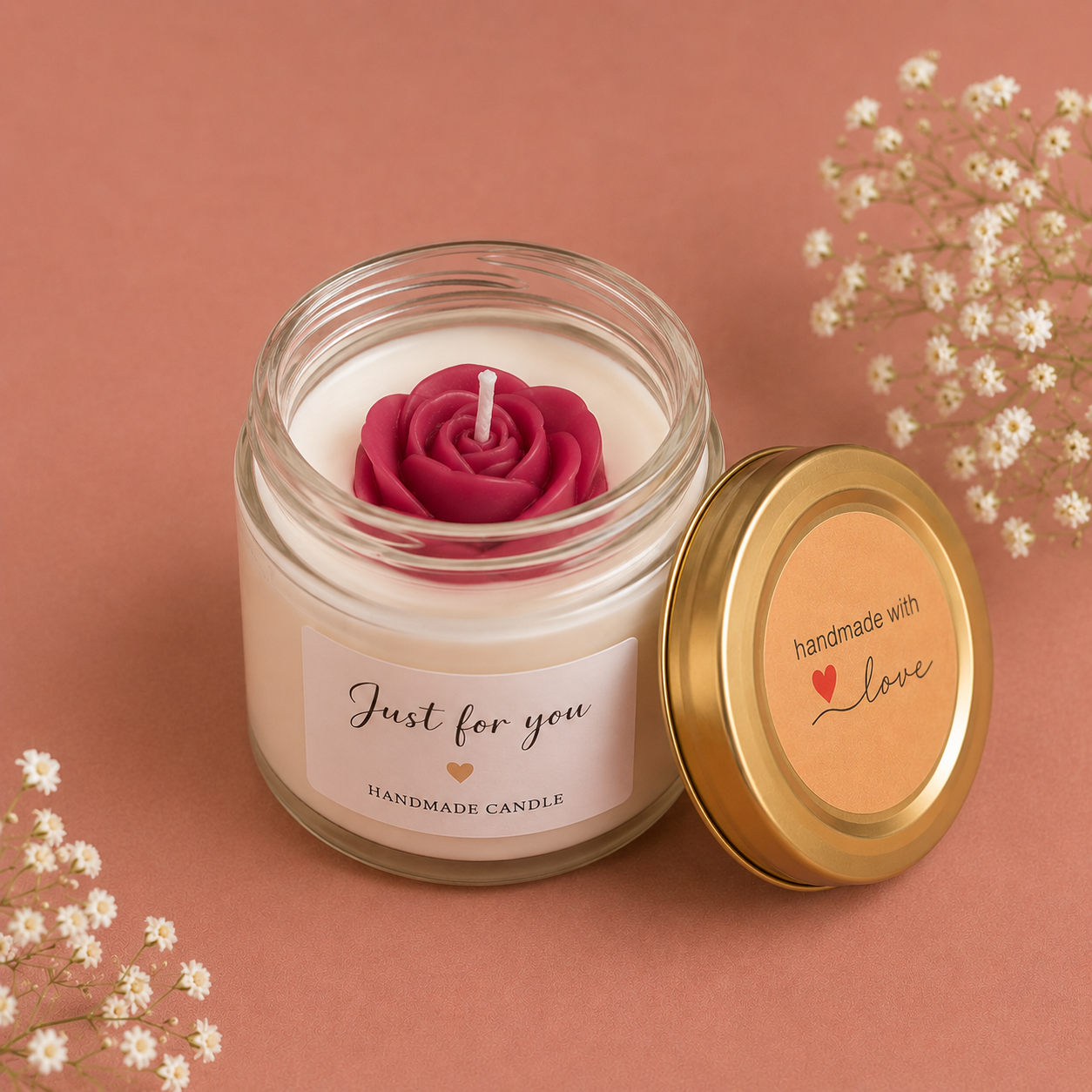 Rarejoy Gifts handmade rose scented candle in a glass jar, perfect for relaxation, self-care, home décor, and bridesmaid gifting.