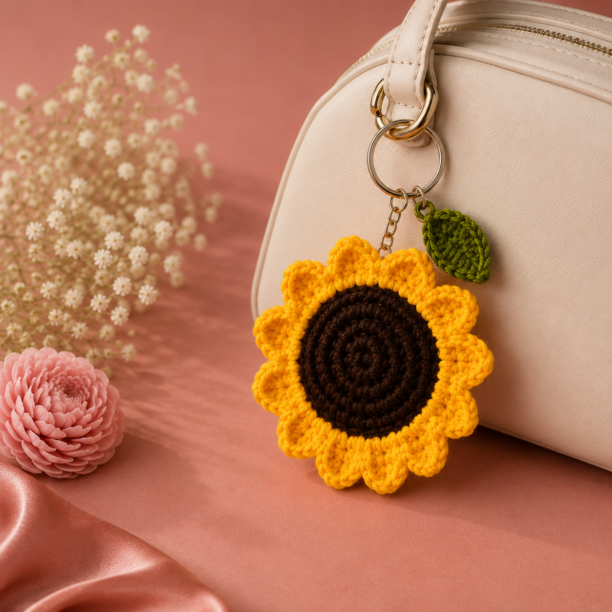 Rarejoy Gifts handmade crochet sunflower keychain with green leaf detail, a cute accessory and thoughtful gift for bridesmaids and women.