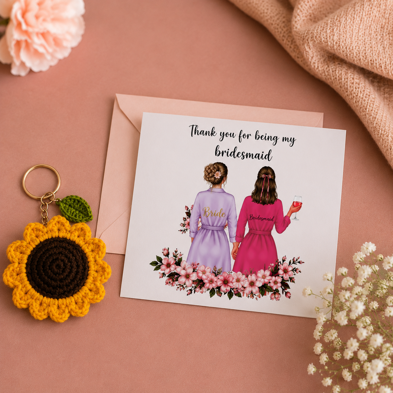 Rarejoy Gifts bridesmaid thank you card with bride and bridesmaid illustration, perfect for bridal party gifts, weddings, and bridesmaid hampers.