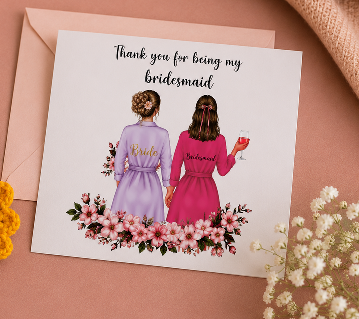 Rarejoy Gifts bridesmaid thank you card with bride and bridesmaid illustration, perfect for bridal party gifts, weddings, and bridesmaid hampers.