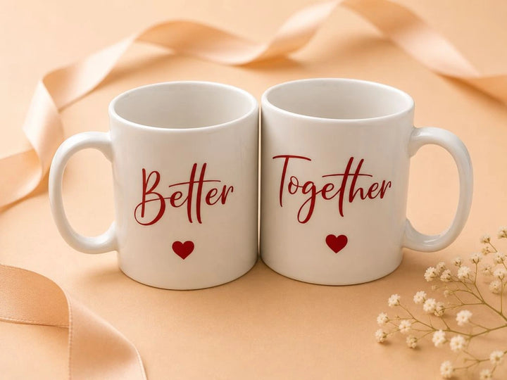 Better Together ceramic coffee mug for couples with romantic matching design.