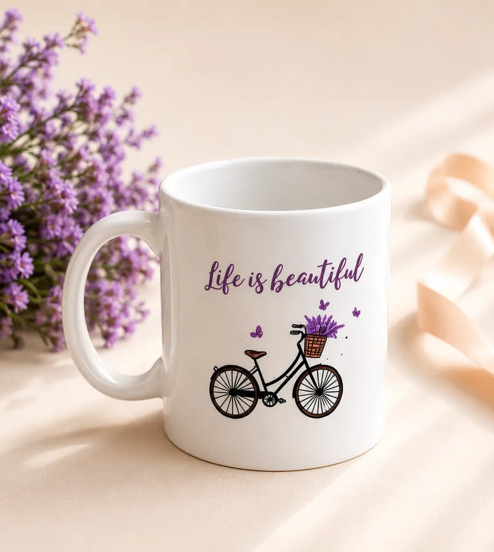 Rarejoy Gifts ceramic coffee mug featuring "Life is Beautiful" bicycle design, perfect for coffee lovers, birthdays, Women's Day, friendship gifts, and everyday use.