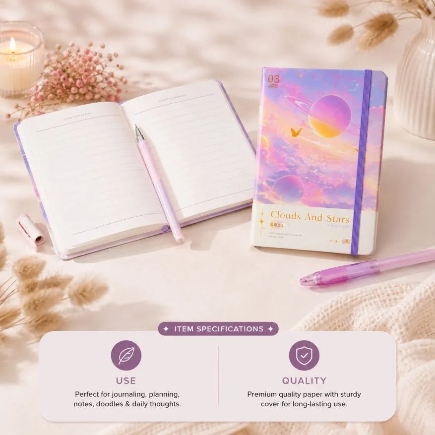 Premium aesthetic hardcover diary with elastic closure, lined pages, and elegant pastel design, perfect for journaling, note-taking, planning, and daily writing.