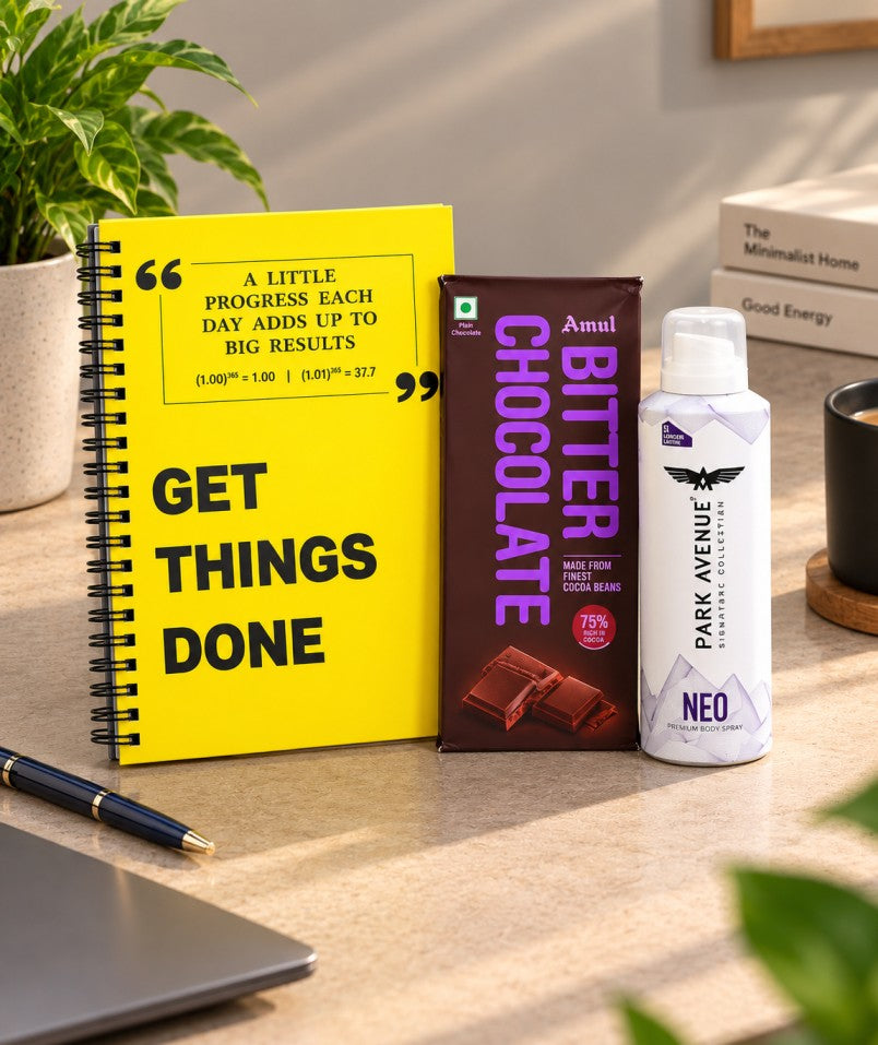 Gym and fitness gift set featuring motivational notebook, dark chocolate and premium body spray for men