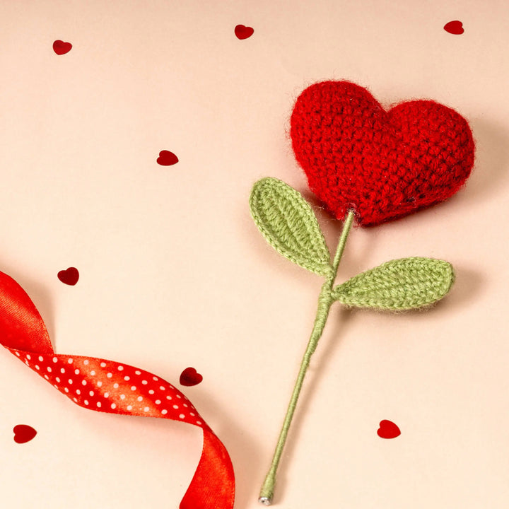 Handmade crochet heart flower by Rarejoy Gifts, everlasting romantic gift for Valentine's Day and anniversaries.