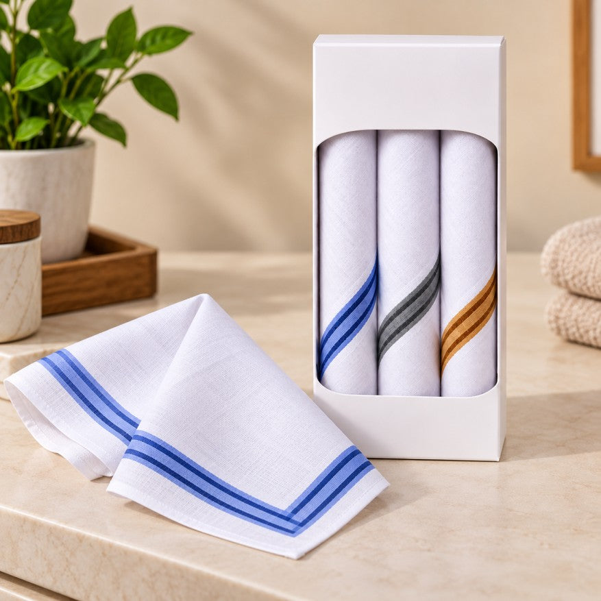 Premium white handkerchief gift box with three striped cotton handkerchiefs and one unfolded blue-striped handkerchief displayed beside it on a beige tabletop.