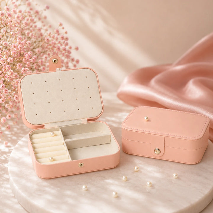 Rarejoy Gifts premium pink travel jewelry organizer case with zip closure, designed for storing rings, earrings, necklaces, and bracelets while travelling.