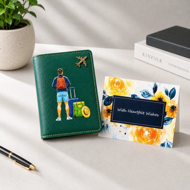 Rarejoy Gifts premium travel passport cover featuring a stylish traveler design, ideal for business trips, vacations, frequent flyers, and gifts for men. Rarejoy Gifts floral greeting card with heartfelt wishes, perfect for birthdays, Father's Day, corporate gifting, farewell gifts, and special occasions.