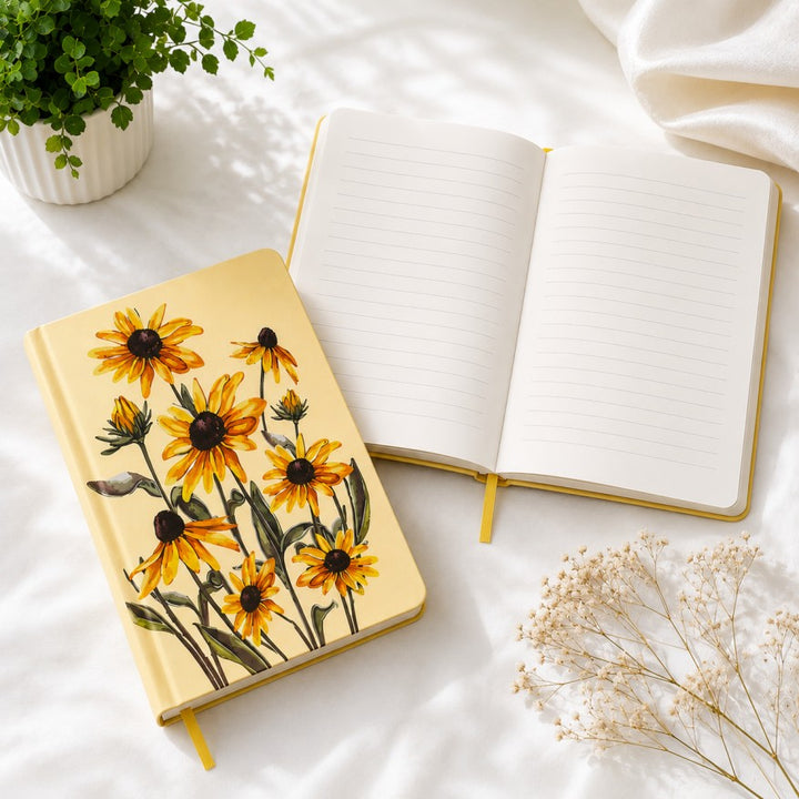 Yellow sunflower floral notebook included in an aesthetic gift hamper for women