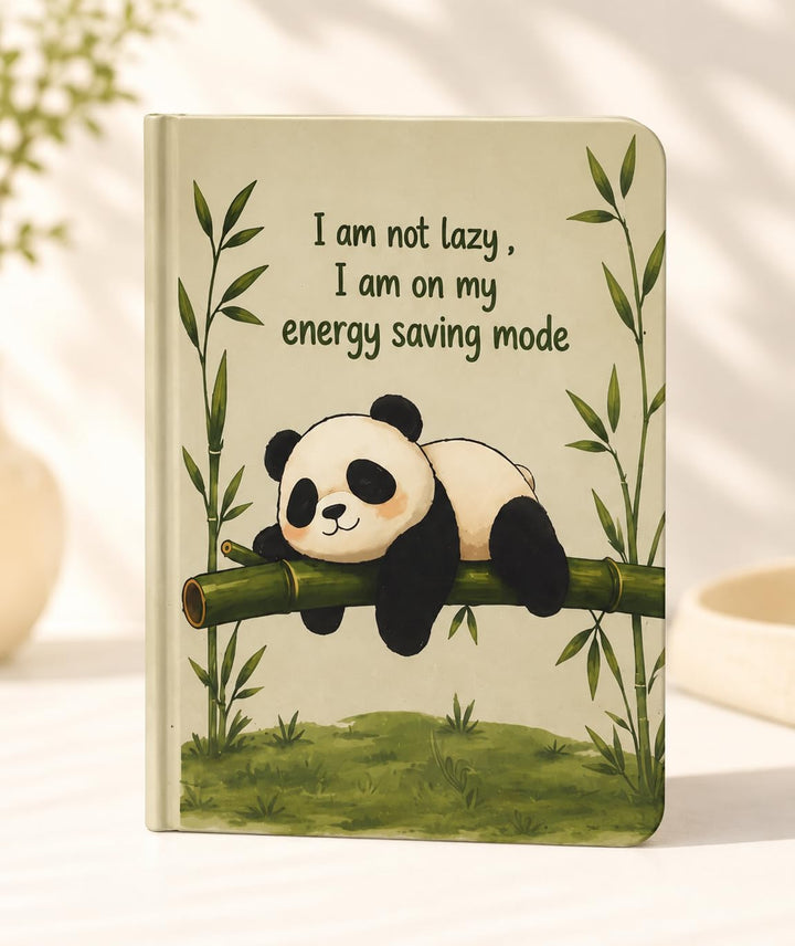 Cute panda-themed notebook featuring a sleeping panda on bamboo with the quote “I am not lazy, I am on my energy saving mode