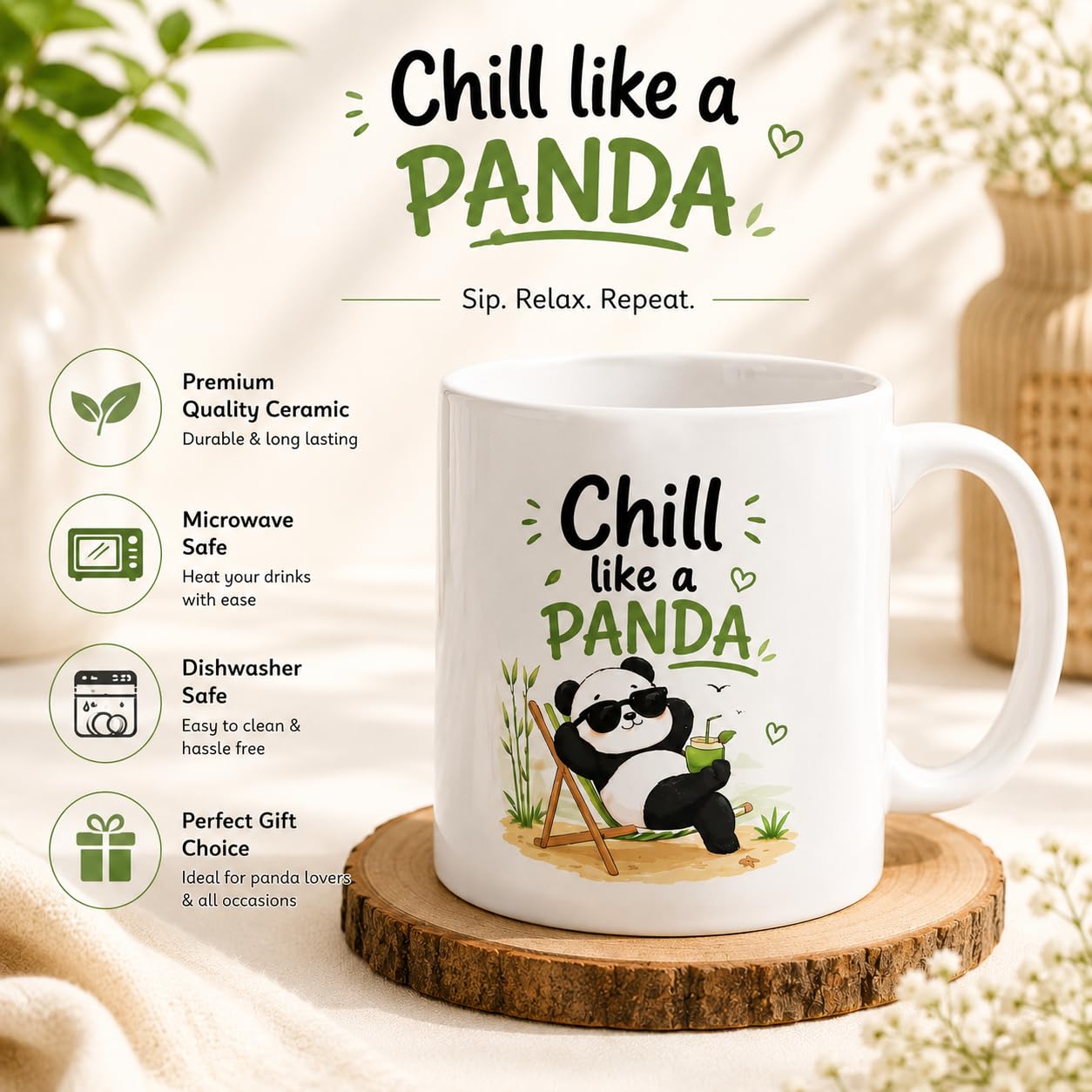 White ceramic “Chill Like a Panda” coffee mug featuring a cute panda illustration, perfect for tea and coffee lovers.