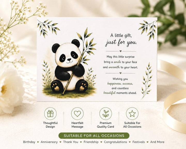Thoughtful panda-themed greeting card with a heartfelt message, elegant botanical artwork, and a design suitable for birthdays and special occasions.