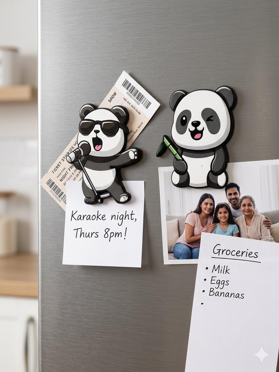 Cute panda refrigerator magnets holding a microphone and paintbrush, displayed with notes, tickets, family photo, and grocery list.
