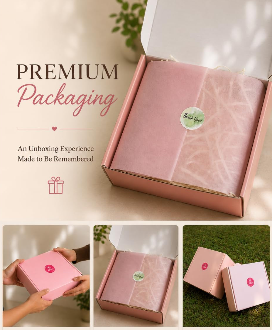 Elegant pink premium gift packaging box with tissue wrapping, designed for a thoughtful and memorable unboxing experience.