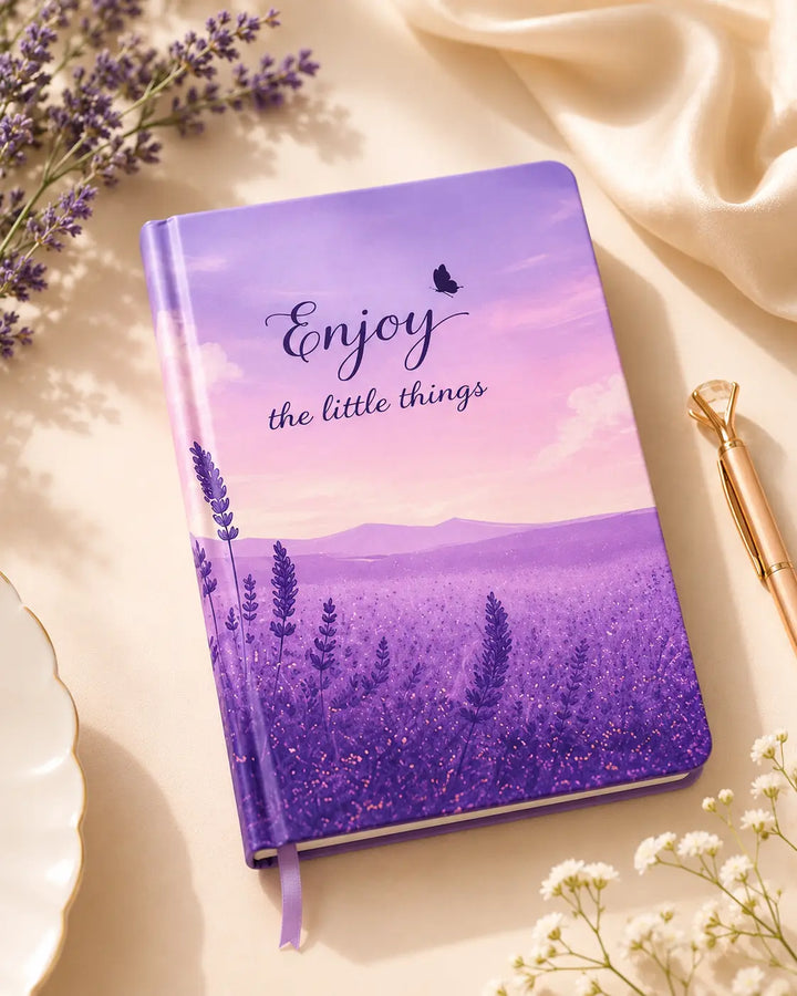 Rarejoy Gifts inspirational notebook featuring "Enjoy the Little Things" cover, perfect for journaling, gratitude writing, note-taking, and daily planning.