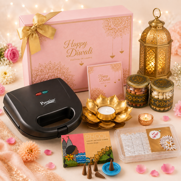A Diwali gift set arranged on a light beige surface with decorative flowers and fairy lights. The set includes a pink 'Happy Diwali' box, a black Presto grill, gold-toned lantern, candle, tea lights, jars of nuts and candies, a card, a small box labeled PHOQ, and a tray of white sweets.