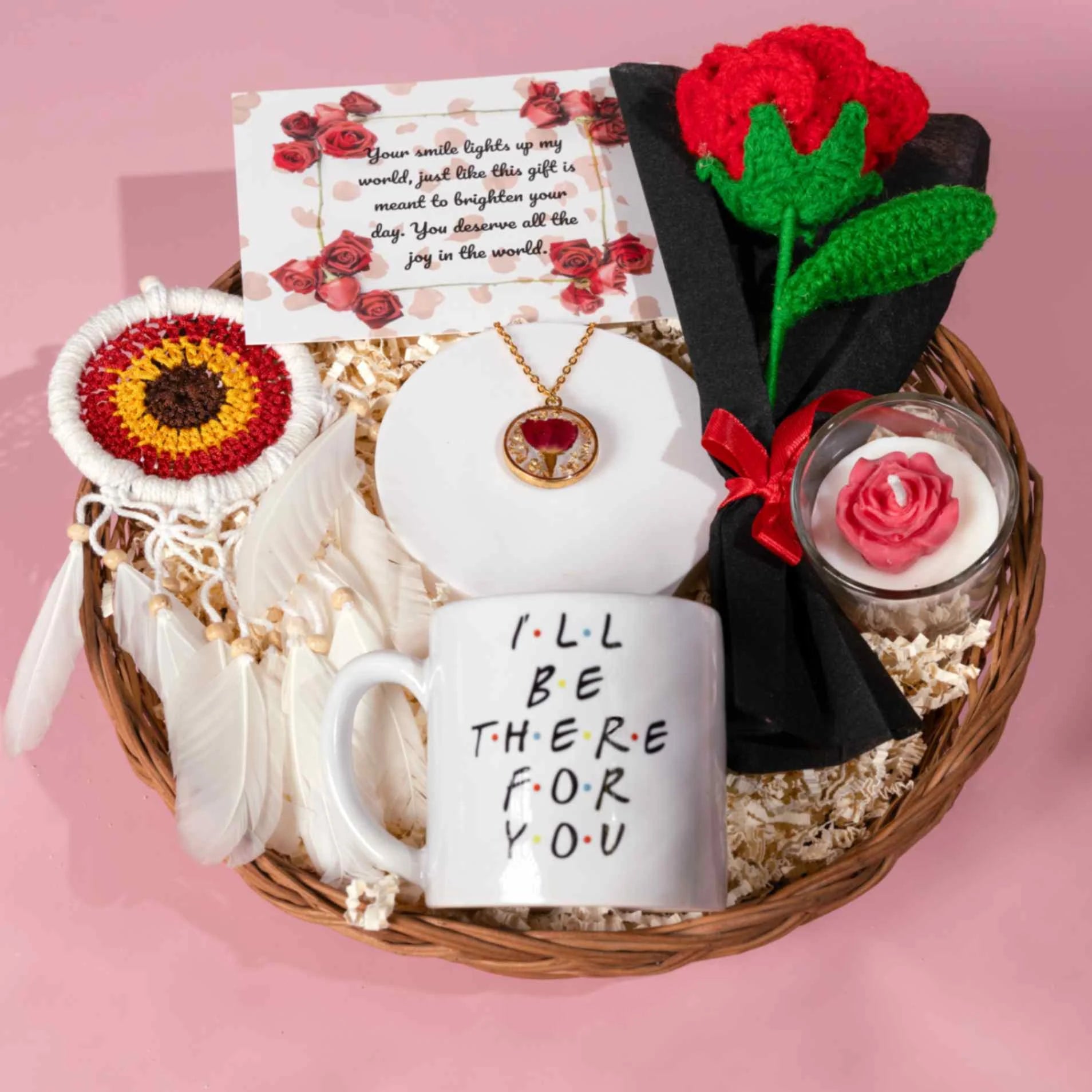 Luxury romantic gift hamper with crochet rose bouquet, Friends mug, rose pendant necklace, scented candle, dream catcher, greeting card, and wicker basket – perfect gift for girlfriend, wife, anniversary, birthday, and Valentine's Day.