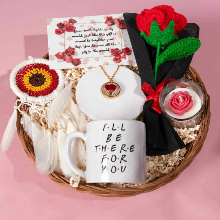 Luxury romantic gift hamper with crochet rose bouquet, Friends mug, rose pendant necklace, scented candle, dream catcher, greeting card, and wicker basket – perfect gift for girlfriend, wife, anniversary, birthday, and Valentine's Day.