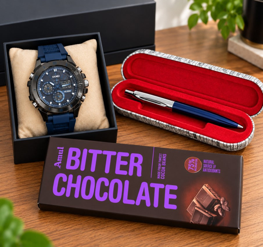 Premium men’s gift set featuring a blue watch, pen in case and dark chocolate on a wooden table