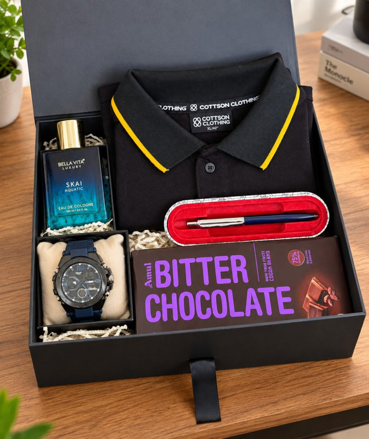 Black polo shirt, watch, perfume, pen and dark chocolate gift hamper in a premium black gift box