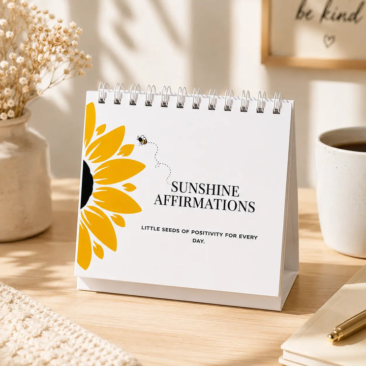 Rarejoy Gifts Sunshine Affirmations desk flip calendar featuring daily positive affirmations and motivational quotes for self-care, wellness, mindfulness, and desk décor.