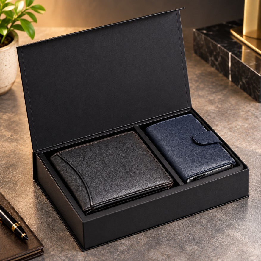 Luxury  black leather wallet and navy leather card holder, presented in a premium setting.