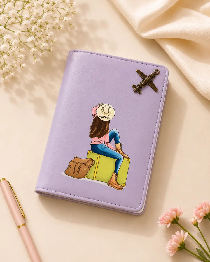 Rarejoy Gifts premium lavender travel passport cover featuring a travel-themed illustration, ideal for vacations, business trips, frequent flyers, and gifts for women.