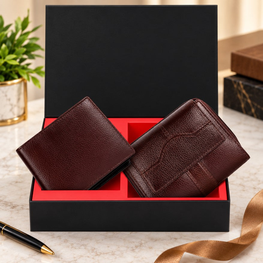 Luxury dark brown leather wallet gift set in a black and red presentation box, styled on a marble surface with elegant décor.